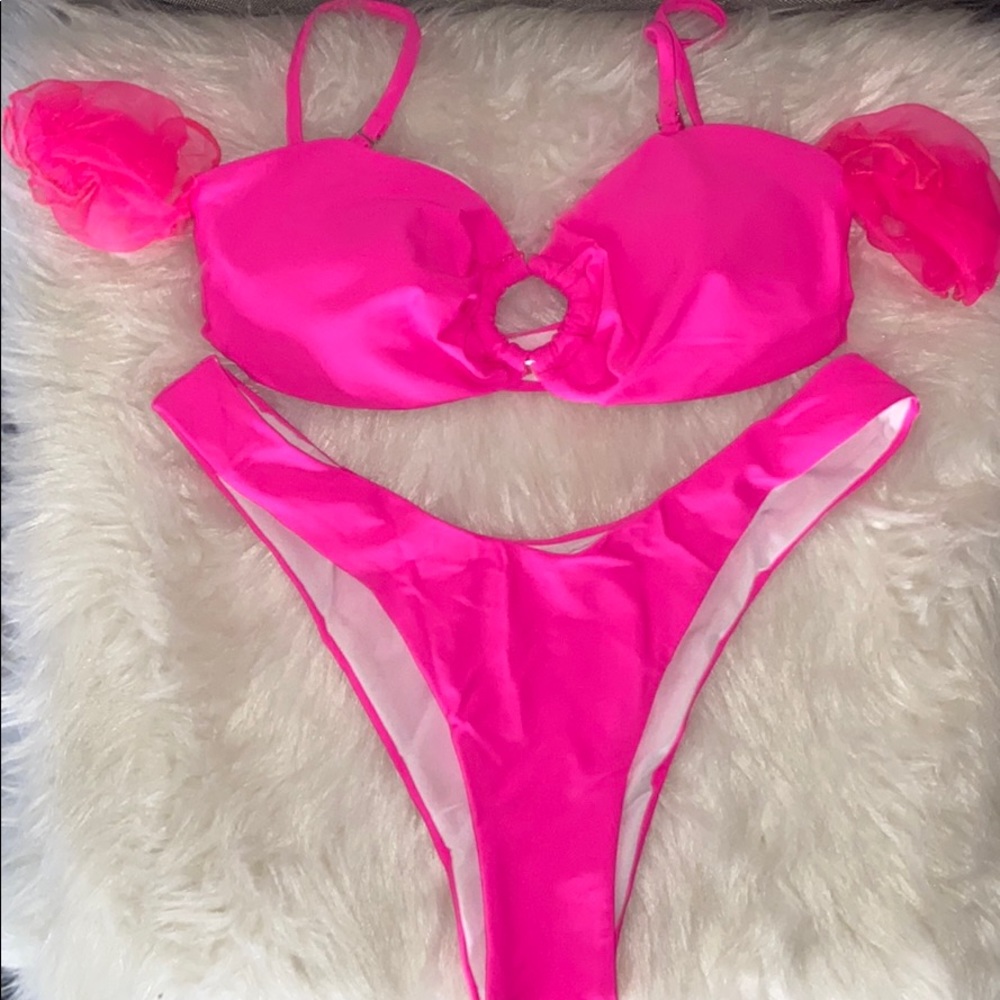 Brand New Hot Pink Off the Shoulders Ruffle Bikini